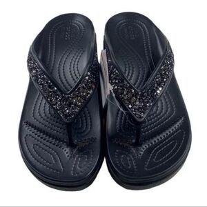 NWT Crocs Sloane Embellished Wedge Flip Flops Black